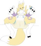 abdl ageplay anthro bandai_namco big_diaper black_claws black_sclera blue_eyes bodily_fluids bottle breasts chest_tuft claws clothed clothing container diaper digimon digimon_(species) dipstick_ears ear_markings facial_markings female female_anthro finger_claws front_view fur genital_fluids hardscales head_markings hi_res holding_bottle holding_container holding_object infantilism leg_markings markings mouth_closed multicolored_ears navel nipples purple_markings renamon roleplay solo toe_claws topless tuft unclean_diaper urine used_diaper wearing_diaper wet_diaper white_body white_diaper white_fur yellow_body yellow_fur