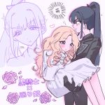  2girls amaya_tsubame black_gloves black_hair black_jacket black_pants black_ribbon blonde_hair blue_eyes blush buttons c28841s carrying carrying_person collared_jacket commentary_request dress falling_petals flower gakuen_idolmaster gloves hair_ribbon hands_on_another's_legs heart high_ponytail highres idolmaster jacket juo_sena long_hair long_sleeves looking_down mole mole_under_eye multiple_girls open_mouth outline pants petals pink_outline ponytail princess_carry purple_flower purple_rose ribbon rose shirt simple_background sparkle text_background very_long_hair white_dress white_shirt yuri 