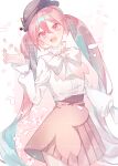  1girl beret blush bow brown_hat commentary_request earrings flower_earrings grey_hat grey_jacket hair_between_eyes hair_ornament hat hatsune_miku highres hino_awai jacket jewelry long_hair long_sleeves official_alternate_costume official_alternate_hairstyle open_mouth pink_eyes pink_hair pink_skirt pleated_skirt sakura_miku sakura_miku_(rella) sample_watermark shirt skirt smile solo twintails very_long_hair vocaloid watermark white_bow white_shirt 