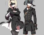  1boy 1girl ahoge akamatsu_kaede bangs black_blindfold black_choker black_dress black_gloves black_hairband black_jacket black_legwear black_shorts blindfold blonde_hair breasts buttons choker cleavage_cutout clothing_cutout collarbone commentary_request cosplay cowboy_shot danganronpa_(series) danganronpa_v3:_killing_harmony double-breasted dress gloves grey_background hairband hand_up jacket jian_jing juliet_sleeves large_breasts long_hair long_sleeves nier_(series) nier_automata puffy_sleeves saihara_shuuichi short_hair shorts simple_background skindentation thighhighs yorha_no._2_type_b yorha_no._2_type_b_(cosplay) yorha_no._9_type_s yorha_no._9_type_s_(cosplay) 