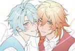  2boys antenna_hair arm_tattoo blonde_hair blue_eyes blue_vest blush bow bowtie braid cheek-to-cheek chest_tattoo collared_shirt commentary_request facial_tattoo gradient_hair heads_together highres honkai:_star_rail honkai_(series) korean_commentary ll246 male_focus medium_hair multicolored_hair multiple_boys mydei_(honkai:_star_rail) one_eye_closed parted_bangs phainon_(honkai:_star_rail) red_hair red_tattoo red_vest shirt short_hair side_braid tattoo vest white_bow white_bowtie white_hair white_shirt yaoi yellow_eyes 