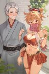  1boy 1girl absurdres b1ack_illust bare_shoulders blonde_hair blush bracelet breasts circlet cleavage commission cowboy_shot crop_top dancer detached_sleeves father_and_daughter genshin_impact gold_choker gold_trim grey_kimono grin hair_ornament hand_up highres japanese_clothes jewelry kimono large_breasts locked_arms long_hair looking_at_viewer midriff miniskirt mouth_veil naganohara_ryuunosuke navel necklace no_panties o-ring orange_eyes pelvic_curtain pixiv_commission ponytail red_skirt revealing_clothes see-through_clothes short_sleeves skindentation skirt sleeveless smile stomach thighlet thighs veil yoimiya_(genshin_impact) 