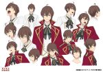  1boy ahoge ascot black_ascot brown_hair coat commentary_request cropped_torso crossed_bangs grin highres logo multiple_expressions official_art ouji_ryuunosuke red_coat reference_sheet shirt single_sidelock smile solo tensai_ouji_no_akaji_kokka_saiseijutsu wein_salema_arbalest white_shirt yellow_eyes 