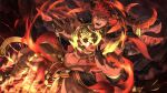  1boy abs bara bare_pectorals bellsaltr chest_tattoo dark_skin demon_boy demon_horns fingernails fire from_above highres horns ifrit_(tokyo_houkago_summoners) large_pectorals looking_at_viewer male_focus monster_boy muscular muscular_male navel nipples orange_eyes pectorals pelvic_curtain pointy_ears red_hair sharp_fingernails short_hair solo spiked_hair stomach tattoo thick_thighs thighs tokyo_houkago_summoners wind 