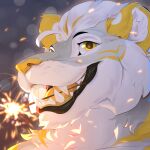 1:1 anthro bust_portrait cheek_tuft chin_tuft facial_tuft famir felid fur glistening glistening_eyes grey_body grey_fur hair male male_anthro mammal neck_tuft open_mouth open_smile portrait short_hair simple_background smile solo sparkler tongue tuft whiskers white_body white_fur white_hair yellow_eyes yellow_nose yellow_tongue