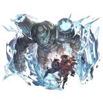  1boy armor boots brown_eyes brown_hair cape ear_piercing earrings energy fingerless_gloves gloves granblue_fantasy jewelry lobelia_(granblue_fantasy) long_sleeves looking_at_viewer official_art pendant piercing solo the_tower_(granblue_fantasy) transparent_background 