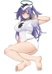  1girl absurdres black_necktie blue_archive blue_eyes breasts commentary dress feet garrison_cap gloves halo hat highres large_breasts long_hair looking_at_viewer necktie official_alternate_costume pinepin purple_hair simple_background solo thighs two_side_up utnapishtim_operator_uniform_(blue_archive) white_dress white_gloves yuuka_(blue_archive) 