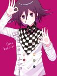  1boy absurdres bangs black_scarf blush character_name checkered checkered_neckwear checkered_scarf closed_mouth commentary danganronpa_(series) danganronpa_v3:_killing_harmony double_ok_sign hair_between_eyes highres jacket long_sleeves looking_at_viewer male_focus multicolored_hair nk_(dzzx8334) ok_sign ouma_kokichi pink_background pink_hair purple_eyes purple_hair scarf shiny shiny_hair short_hair simple_background smile solo straitjacket upper_body white_jacket white_scarf 