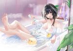  0dd 1girl absurdres ahoge arknights bare_shoulders barefoot bath bathing bathtub black_eyes black_hair bubble_bath chinese_commentary commentary_request crossed_legs faucet feather_hair feet foot_out_of_frame hair_intakes highres in_bathtub la_pluma_(arknights) looking_at_viewer naked_shirt no_bra partially_submerged pouring see-through_clothes see-through_shirt shirt short_hair sidelocks soap_bottle soap_bubbles soles solo toes tongue tongue_out wet wet_clothes wet_shirt 