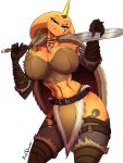 abdominal_scar anthro big_breasts bottomwear brall_(pinkshonen) breasts cleavage clothed clothing cobra eye_scar eyelashes facial_scar female female_anthro glistening glistening_body glistening_breasts glistening_scales gloves green_eyes half-closed_eyes handwear hi_res hip_scar holding_melee_weapon holding_object holding_sword holding_weapon horn loincloth looking_at_viewer melee_weapon midriff narrowed_eyes navel orange_body orange_scales pinkshonen reptile scales scalie scar simple_background snake solo standing sword sword_on_shoulder thick_thighs waist_scar warrior weapon white_background wide_hips yellow_horn