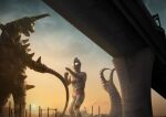  1other 2boys chest_jewel cloud commentary_request debris dust factory fence fighting_stance forked_tail gem giant giant_insect giant_monster glowing glowing_eyes gudon highres horns ito_nobuhiko kaette_kita_ultraman kaiju lamppost multiple_boys no_pupils open_mouth outdoors overpass partial_commentary photo_background red_gem smokestack spikes standing sun sunset tail tentacle_hands tokusatsu tree twin_tail_(ultra_series) ultra_series ultraman_jack white_eyes 