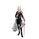  1girl animal_ears arknights asymmetrical_hair belt black_pantyhose blonde_hair blue_eyes boots dress full_body hair_over_shoulder hand_on_hilt hand_on_own_hip high_heels horse_ears horse_girl horse_tail ioleta_russell_(arknights) long_sleeves looking_at_viewer medium_dress official_art old old_woman pantyhose red_lips ryuuzaki_ichi side_cape single_arm_armor single_shoulder_pad smile solo straight-on tail third-party_source transparent_background unsheathed 