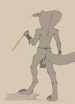 anthro arm_wraps backsack balls bottomwear bullchicken clothing cobra digitigrade genitals hi_res holding_object holding_weapon hood loincloth male reptile scalie snake solo weapon wraps