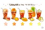  apple apple_slice artist_logo commentary_request cup drinking_glass drinking_straw food food_focus fruit iced_tea logo mandarin_orange mango no_humans original peach pineapple pineapple_slice shuu_(syuuuuuuuuuu) simple_background translation_request white_background 