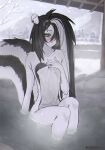 2025 anthro black_body black_eyelids black_fur black_hair blush bodily_fluids digital_media_(artwork) eyebrow_piercing facial_piercing female flat_chested fluffy fur green_eyes hair hair_over_eye hi_res hot_spring long_hair mammal mephitid michelle_(yabeweny) multicolored_body multicolored_hair onsen outside partially_submerged piercing sitting skunk slim solo sweat towel towel_only two_tone_body two_tone_hair water white_body white_fur winter yabeweny