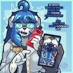 anthro big_breasts bodily_fluids breasts canid canine clothed clothing coat comic dialogue digital_media_(artwork) electronics embarrassed english_text eyewear fangs glasses hair herm intersex lab_coat looking_at_viewer mammal mouth_shot nagifur nerd open_mouth phone profile saliva saliva_string shaking simple_background skye_(nagifur) solo speech_bubble sweat teeth text tongue tongue_out topwear uvula vore wearing_glasses