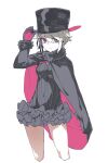 1girl absurdres ange_(princess_principal) black_cape black_gloves black_headwear blonde_hair blue_eyes cape closed_mouth covered_navel gloves hair_between_eyes hand_on_headwear hand_up hat highres leotard looking_at_viewer multicolored multicolored_clothes multicolored_gloves multicolored_hair pink_cape princess_principal red_gloves reiga_(act000) simple_background solo top_hat two-sided_cape two-sided_fabric two-tone_hair white_background 