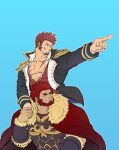  2boys aqua_background bara beard blue_eyes bracer brown_hair cape couple dark-skinned_male dark_skin epaulettes facial_hair fate/grand_order fate_(series) fur-trimmed_cape fur_trim goatee grin highres holding_hands ina_zuma interracial iskandar_(fate) long_sideburns male_cleavage male_focus mature_male military military_uniform multiple_boys muscular muscular_male napoleon_bonaparte_(fate) open_clothes open_shirt pectorals pointing_to_the_side red_cape red_hair scar scar_on_chest short_hair sideburns smile uniform yaoi 