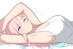  1girl airani_iofifteen armpits arms_up breasts drooling highres hololive hololive_indonesia long_hair lying medium_breasts on_back one_eye_closed pink_hair purple_eyes tank_top virtual_youtuber white_background white_tank_top yuuta_(yuuta0361) 