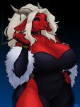 2026 anthro big_breasts black_sclera blazbaros blue_eyes bovid breasts caprine chest_tuft choker cigarette_holder clothing collarbone dress eyebrows eyelashes female fur goat hair hand_on_hip hi_res horn horn_jewelry horn_ring huge_breasts jewelry mammal necklace red_body red_fur ring_(jewelry) smile solo thick_thighs tuft white_hair wide_hips