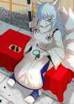 2025 5_fingers 5_toes anthro asian_clothing beverage biped blue_hair bottomwear breasts canid canine claws clothed clothed_anthro clothed_female clothing container cup dessert detailed_background digital_media_(artwork) east_asian_clothing eyelashes feet female female_anthro finger_claws fingers floor food fox fox_spirit fur green_eyes hair hakama hi_res high-angle_view holding_container holding_cup holding_object holding_tea_cup humanoid_hands japanese_clothing japanese_description kariginu leaf long_hair mako_030201 mammal multi_tail plantigrade ruff sitting solo steam stirrup_legwear tail tea tea_cup three-quarter_view tile tile_floor toe_claws toes tray white_body white_clothing white_fur