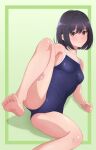  1girl akippoi_0919 barefoot black_hair blue_one-piece_swimsuit breasts brown_eyes competition_school_swimsuit covered_navel feet_out_of_frame green_background highres leg_up one-piece_swimsuit original school_swimsuit short_hair small_breasts solo swimsuit two-tone_background 