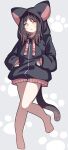  1girl :3 :d animal_ear_hood bare_legs barefoot black_hair black_hoodie brown_hair cat_girl cat_tail clenched_hands commentary_request daidai_ookami fang full_body grey_background hands_in_pockets highres hood hood_up hoodie knees_together_feet_apart long_sleeves looking_at_viewer medium_hair multicolored_hair no_pants original parted_lips paw_print paw_print_background puffy_long_sleeves puffy_sleeves skin_fang sleeves_past_wrists smile standing standing_on_one_leg streaked_hair tail toes two-tone_hair yellow_eyes 