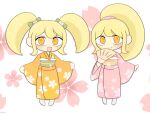  2girls :d blonde_hair blush bow chibi chibi_only closed_mouth commentary_request danganronpa_(series) danganronpa_2:_goodbye_despair dual_persona floral_print floral_print_kimono full_body green_bow green_sash hair_bow hand_fan highres holding holding_fan japanese_clothes kimono long_hair multiple_girls obi official_alternate_hairstyle open_mouth orange_eyes orange_kimono orange_sash pink_kimono ponytail print_kimono rushifa_(rusifann) saionji_hiyoko sash smile solo split_mouth standing twintails 