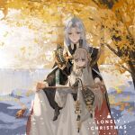  2boys aged_down androgynous bamboo_slips black_boots black_cape black_gloves black_robe blue_eyes blush boots candied_ginkgo_nut_(the_tale_of_food) cape chinese_clothes chinese_commentary closed_mouth clothes_grab coat commission curtained_hair dachutaiduoxigaiteng dappled_sunlight day eight_immortals_(the_tale_of_food) english_text falling_leaves ginkgo_leaf gloves green_eyes grey_coat grey_hair grey_robe hair_between_eyes hair_ornament halterneck hanfu highres holding holding_scroll leaf leaf_hair_ornament long_hair long_sleeves looking_at_another male_focus mole mole_under_eye multiple_boys on_rock parted_bangs parted_lips pointing reading red_cape robe scroll second-party_source shirt shoulder_pads sitting sitting_on_lap sitting_on_person size_difference sunlight teacher_and_student teeth the_tale_of_food toy_bird tree two-sided_cape two-sided_fabric upper_teeth_only white_hair white_robe white_shirt xiao_guan_(headdress) 