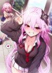  2girls alternate_costume black_flower black_sweater blue_necktie blush breasts chinese_commentary cleavage clenched_teeth commentary_request earrings evernight_(honkai:_star_rail) flower grey_sweater grin hair_flower hair_ornament heart highres honkai:_star_rail honkai_(series) jewelry large_breasts long_hair looking_at_viewer march_7th_(honkai:_star_rail) multiple_girls necktie pink_hair pleated_skirt pointing pointing_at_viewer red_eyes red_necktie royboy school_uniform single_earring skirt smile spoken_heart sweater teeth v white_skirt 