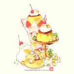 1girl animal-themed_food bird blonde_hair blush bow braid cherry chibi chibi_only commentary_request copyright_notice cup dress drinking_glass duck floral_print flower food food_on_head fruit fruit_on_head heart-shaped_mouth holding holding_spoon kiwi_(fruit) kiwi_slice korean_commentary low_twin_braids object_on_head original oversized_food oversized_object parfait parfait_glass pudding simple_background sitting sparkle spoon strawberry strawberry_slice talbi twin_braids watermark whipped_cream white_background white_flower yellow_bow yellow_dress 