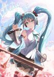  1girl absurdres aqua_eyes aqua_hair aqua_necktie aqua_trim arm_up armpit_crease black_skirt black_thighhighs blush breasts closed_mouth collared_shirt commentary_request detached_sleeves hair_between_eyes hair_ornament hatsune_miku hatsune_miku_(nt) highres layered_sleeves long_hair long_sleeves looking_at_viewer medium_breasts miku_day necktie nnnnnoeru official_alternate_costume piapro_studio pleated_skirt ribbon shirt skirt sleeveless sleeveless_shirt smile solo thighhighs twintails very_long_hair vocaloid white_shirt 