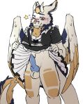 absurd_res anthro big_ears big_wings blue_penis blueberry_(smolderg) blush bottomwear chest_tuft clothed clothing clothing_lift dragon eye_half_closed facing_forward fangs feathers fluffy fluffy_tail fur furred_dragon furred_scalie genitals hi_res horn inner_ear_fluff knot knotted_penis looking_at_viewer maid_uniform male multicolored_body multicolored_fur mythological_creature mythological_scalie mythology penis scalie silly_monke skirt skirt_lift solo star tail teeth tuft uniform wings yellow_horn
