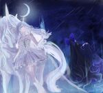  2girls absurdly_long_hair ad_lunam_(shining_nikki) ai_sakurahime back-to-back bare_arms bare_legs bare_shoulders black_hair bow bracelet choker closed_mouth commentary crescent_moon dot_nose dress english_commentary expressionless fake_horns feet_out_of_frame godfall_omens_(shining_nikki) gown grey_dress grey_eyes hair_bow hair_over_one_eye hand_up highres horns jewelry knees large_bow light_frown long_dress long_hair magic meteor_shower moon multiple_girls night nikki_(series) off-shoulder_dress off_shoulder outdoors pleated_dress puffy_short_sleeves puffy_sleeves purple_bow purple_dress purple_sky shining_nikki short_dress short_sleeves signature skirt_hold sky standing star_(sky) starry_sky strapless strapless_dress translucent_horns unicorn unicorn_horn upturned_eyes very_long_hair wavy_hair white_hair white_horns 