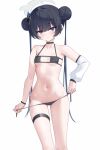  1girl absurdres bikini bikini_bottom_pull black_bikini black_choker black_eyes black_hair blue_archive blue_eyes blush breasts butterfly_hair_ornament choker detached_sleeves double_bun expressionless hair_between_eyes hair_bun hair_ornament halo highres hip_focus kisaki_(blue_archive) light_frown long_hair navel side-tie_bikini_bottom single_detached_sleeve small_breasts solo standing stomach swimsuit teasing thigh_strap thighs twintails undressing untied_bikini_bottom untying very_long_hair white_halo zerotwenty_(020) 