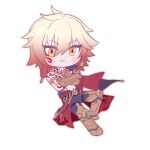  1boy arm_tattoo armlet armored_boots black_coat black_pants blonde_hair blush_stickers boots braid cape chest_tattoo chibi chibi_only coat crossed_arms earrings facial_tattoo gauntlets gold_earrings gold_necklace gradient_hair hashtag-only_commentary hazozoyaku honkai:_star_rail honkai_(series) jewelry male_focus medium_hair multicolored_hair mydei_(honkai:_star_rail) necklace open_clothes open_coat pants red_cape red_hair red_tattoo side_braid side_cape simple_background solo tattoo white_background yellow_eyes 