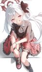  1girl absurdres black_flower black_shoes blue_archive flower halo hand_on_own_wrist hashtag-only_commentary highres long_hair looking_at_viewer mutsuki_(blue_archive) plaid_clothes plaid_skirt purple_eyes red_halo red_skirt seeyouu73 shoes side_ponytail sitting skirt smile solo teeth white_background white_hair 