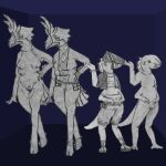 4_arms 4_breasts absurd_res alien anthro avian blue_background breasts casual_nudity clothed clothed/nude clothing duo face_tentacles featureless_chest featureless_crotch female genitals geometric_background graphite_(artwork) greyscale greyscale_with_colored_background hi_res humanoid jewelry monochrome multi_arm multi_breast multi_limb nude pen_(artwork) poorlydrawnmoose simple_background tentacles traditional_media_(artwork) vulva