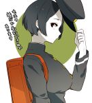  1girl akitsu_maru_(kancolle) alternate_hair_length alternate_hairstyle backpack bag black_eyes black_hair black_jacket breasts closed_mouth commentary_request from_side gloves hat highres holding holding_unworn_clothes holding_unworn_hat jacket kantai_collection large_breasts long_sleeves looking_at_viewer ohagi_(iihatobu05) pale_skin profile randoseru short_hair simple_background solo translation_request two-tone_background unworn_hat unworn_headwear upper_body very_short_hair white_gloves 