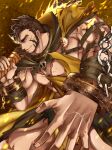  1boy alternate_facial_hair bara bare_pectorals beard brown_hair cape chest_harness cross_scar facial_hair flaming_eye from_side goatee grin harness hercules_(tokyo_houkago_summoners) highres kidomh63 long_sideburns looking_to_the_side male_focus mature_male muscular muscular_male nipples over_shoulder pectorals scar scar_on_cheek scar_on_chest scar_on_face short_hair sideburns smile solo thick_eyebrows thighs tokyo_houkago_summoners torn_cape torn_clothes veiny_hands weapon weapon_over_shoulder yellow_cape 