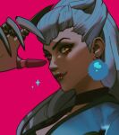  1girl bad_id bad_twitter_id black_choker black_eyeshadow blue_jacket brown_lips choker close-up closed_mouth commentary cone_hair_bun cropped_jacket demon_girl double_bun earrings evelynn_(league_of_legends) eyeshadow fake_claws finger_claws from_side hair_bun hair_over_shoulder hand_up jacket jewelry k/da_(league_of_legends) k/da_all_out_evelynn league_of_legends light_smile long_hair makeup official_alternate_costume official_alternate_hairstyle open_hand pale_skin pink_background pointed_bangs poisonp1nk pom_pom_(clothes) pom_pom_earrings raised_eyebrows shiny_lips silver_claws slit_pupils solo sparkle standing untranslatable_commentary v-bangs white_hair yellow_eyes 