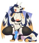anthro balls big_wings blue_penis blueberry_(smolderg) claws clothed clothing crouching dragon fangs female fluffy fluffy_tail fur furred_dragon furred_scalie genitals hair herm hi_res horn intersex knot knotted_penis legwear long_hair multicolored_body multicolored_fur mythological_creature mythological_scalie mythology open_mouth partially_clothed penis pilvi_owo presenting presenting_penis scalie simple_background solo tail teeth thigh_highs tongue tongue_out underwear underwear_down wings yellow_horn