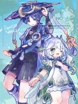  1boy 1girl anemo_symbol_(genshin_impact) arm_at_side armlet armor belt black_belt black_bodysuit black_hair black_shorts bloomers blue_cape blue_gem blue_hat blue_kimono blue_sky blue_sleeves blunt_ends blush bodysuit bracelet bridal_gauntlets bright_pupils cape choppy_bangs clear_sky colored_tips commentary_request cross-shaped_pupils detached_sleeves dress eyelashes eyeliner feathers gem genshin_impact gold gold_ring gold_trim green_cape green_eyes green_hair green_sleeves grey_bridal_gauntlets gurumin_(gurruguru) hair_ornament hakama hakama_shorts half_crown_braid hand_on_own_chest hand_up hat height_difference japanese_armor japanese_clothes jewelry jingasa juban kimono kote kurokote layered_sleeves leaf leaf_hair_ornament leg_warmers long_hair looking_at_another looking_at_viewer makeup mandarin_collar middle_ring multicolored_hair nahida_(genshin_impact) one_eye_closed open_clothes open_hand open_kimono open_mouth outdoors pleated_shorts pointy_ears pom_pom_(clothes) purple_eyes purple_rope purple_sash red_eyeliner rope sash scaramouche_(genshin_impact) short_sleeves shorts shoulder_peek side_cape side_ponytail sidelocks sky streaked_hair symbol-shaped_pupils tareme tassel tree twitter_username vision_(genshin_impact) wanderer_(genshin_impact) watermark white_bloomers white_dress white_hair white_kimono white_leg_warmers white_pupils white_sleeves yellow_feathers yellow_pupils 