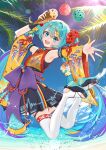  1girl :d absurdres armpits bare_shoulders black_sandals black_skirt blonde_streaks blue_eyes blue_hair blush commentary day detached_sleeves double-parted_bangs flower food full_body hair_between_eyes hair_flower hair_ornament hatsune_miku highres holding holding_food holding_ice_cream ice_cream japanese_clothes kimono legs_up long_hair long_sleeves looking_at_viewer mint_chocolate mofmama multicolored_hair multiple_scoops open_mouth outdoors outstretched_arm palm_tree pleated_skirt print_kimono print_sleeves purple_streaks red_flower sandals skirt sleeveless sleeveless_kimono smile solo splashing stirrup_legwear streaked_hair thighhighs toeless_legwear tree vocaloid white_thighhighs wide_sleeves yellow_sleeves zettai_ryouiki 