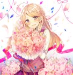  1girl :d ahoge akamatsu_kaede bangs blonde_hair blush bouquet breasts commentary_request danganronpa_(series) danganronpa_v3:_killing_harmony flower gradient gradient_background hair_ornament holding holding_bouquet long_hair long_sleeves looking_at_viewer musical_note musical_note_hair_ornament onko open_mouth petals pink_flower pink_rose pink_skirt pink_vest pleated_skirt rose shiny shiny_hair shirt simple_background skirt smile solo upper_teeth vest white_background white_flower white_shirt 