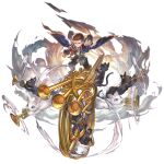  1boy black_cat blue_eyes brown_footwear brown_hair brown_pants cat cloud granblue_fantasy grey_eyes harvin instrument jewelry judgement_(granblue_fantasy) katzelia looking_at_viewer music official_art pants pendant playing_instrument robe smile transparent_background trumpet white_cat yellow_eyes 