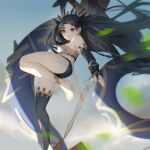  1girl armlet bare_shoulders bikini black_hair black_thighhighs bracelet breasts commentary_request detached_sleeves earrings fate/grand_order fate_(series) gold_trim hair_ribbon heavenly_boat_maanna hoop_earrings ishtar_(fate) jewelry long_hair looking_at_viewer medium_breasts mismatched_bikini nakaga_eri navel neck_ring parted_bangs red_eyes ribbon single_detached_sleeve single_thighhigh smile solo swimsuit thighhighs thighlet thighs tiara two_side_up weapon 