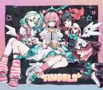  3girls angels_of_delusion aqua_hair aria_(zenless_zone_zero) arm_warmers ass bare_shoulders black_hair black_thighhighs bow english_text finger_heart full_body green_bow grey_hair hair_bow halo highres leg_warmers looking_at_viewer multicolored_hair multiple_girls nangong_yu parted_lips pink_arm_warmers pink_hair pink_leg_warmers pink_socks shirt short_sleeves single_thighhigh sitting smile socks streaked_hair striped_arm_warmers striped_leg_warmers sunna_(zenless_zone_zero) thighhighs white_shirt white_thighhighs white_wings wings xiexie_inu zenless_zone_zero 