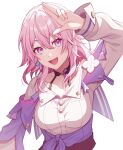 1girl :d arm_up black_choker blue_eyes bra_strap breasts choker collarbone commentary_request honkai:_star_rail honkai_(series) looking_at_viewer march_7th_(honkai:_star_rail) march_7th_(preservation)_(honkai:_star_rail) multicolored_eyes open_mouth pink_hair pochimaru_(marumaru_wanwan) purple_eyes shirt short_hair small_breasts smile solo two-tone_eyes upper_body white_shirt 