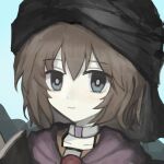  1other androgynous black_cape black_turban blue_background blue_eyes brooch brown_hair cape choker cine_hamal closed_mouth collarbone commentary grey_pupils hair_between_eyes happy iett9302 jewelry kuzu_suzumi len'en looking_at_viewer orange_shirt other_focus pale_skin purple_scarf scarf shirt short_hair simple_background smile solo turban upper_body white_choker 